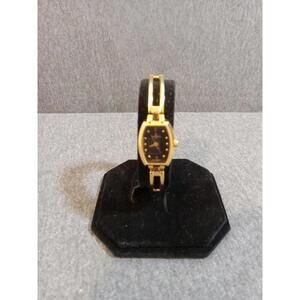 Beringer Quartz Bracelet Band Watch Ladies Black Gold Tone Brass Case Metal Link